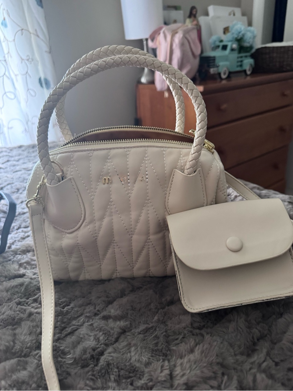 Quilted Cream Satchel with Braided Handles
